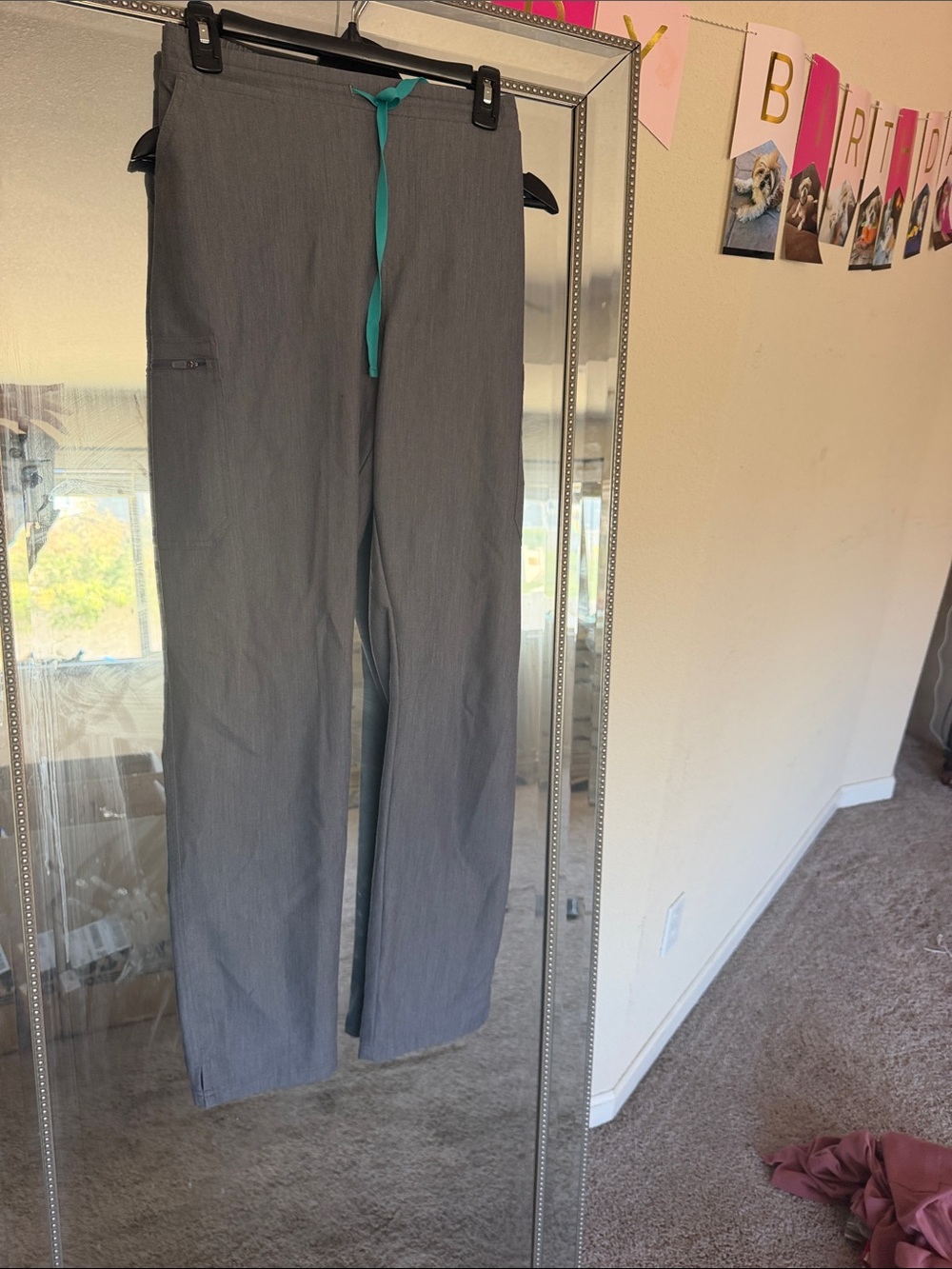 Figs Women's Gray Scrub Pants with Teal Drawstring